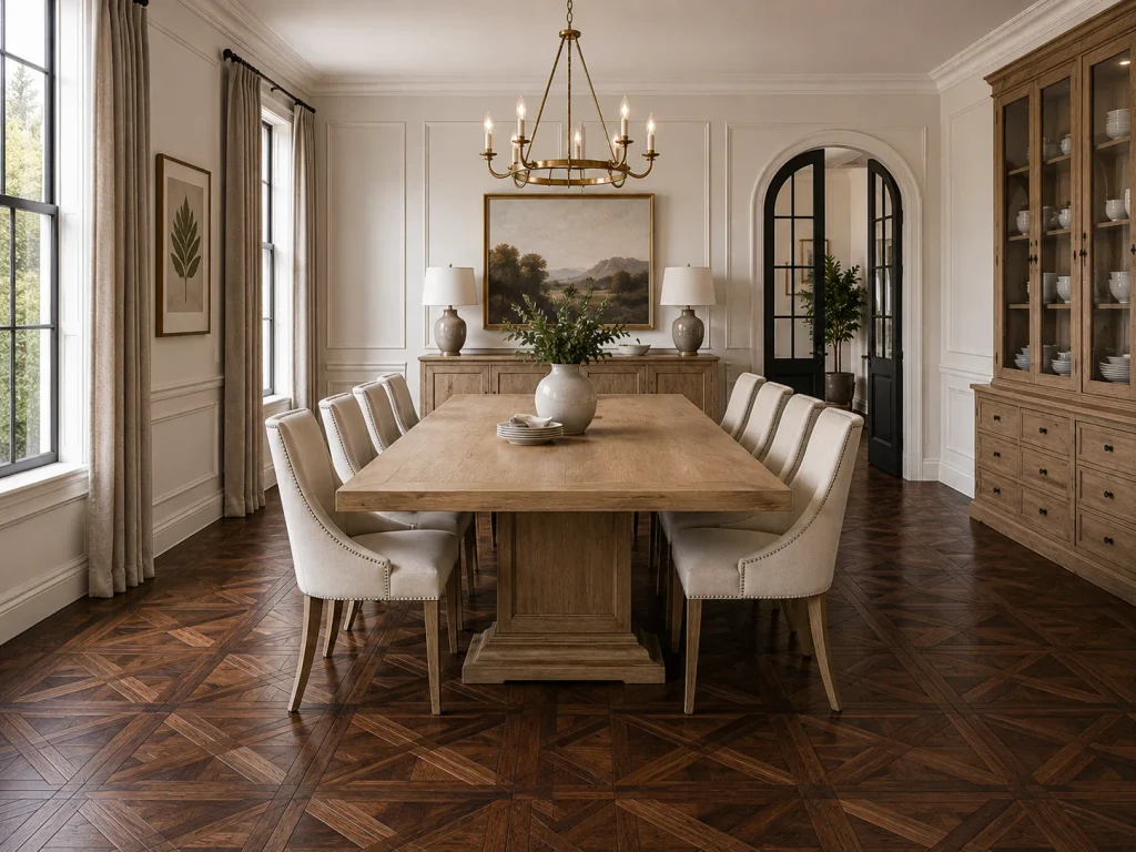 Formal dining table on dark teak Versailles parquet flooring