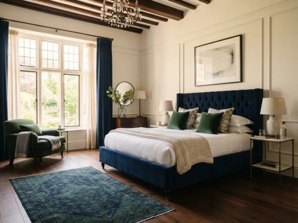 Deep navy blue bed frame against dark walnut hardwood floor creating a boutique-hotel bedroom look