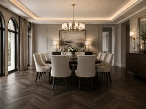 dining table with dark wood floors