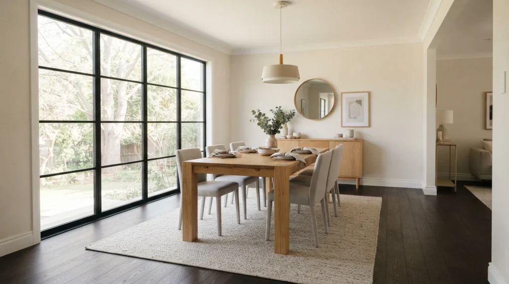 Warm dining room with dark espresso hardwood floors and a light beige flatweave rug under a wooden dining table