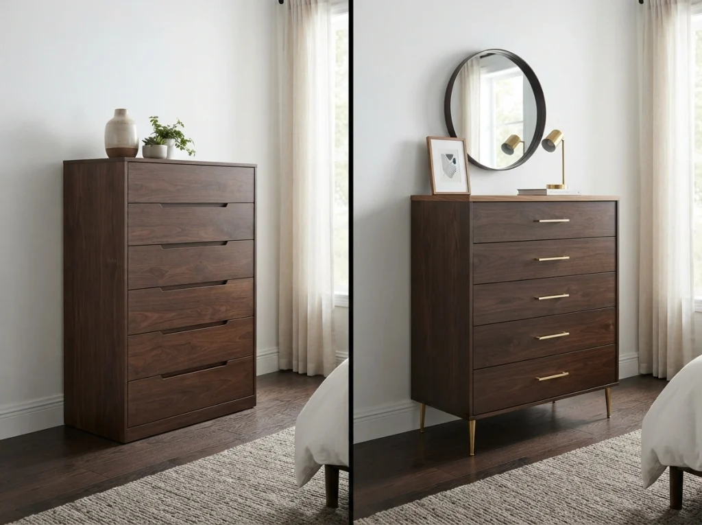 Split screen comparison of flat-base dark dresser versus tapered-leg dresser with brass hardware on dark hardwood floor showing visual weight difference