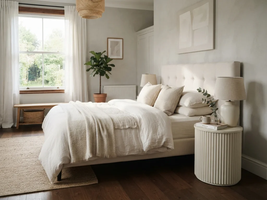 Light cream and ivory bedroom furniture arranged on a dark oak hardwood floor for a bright and airy contrast