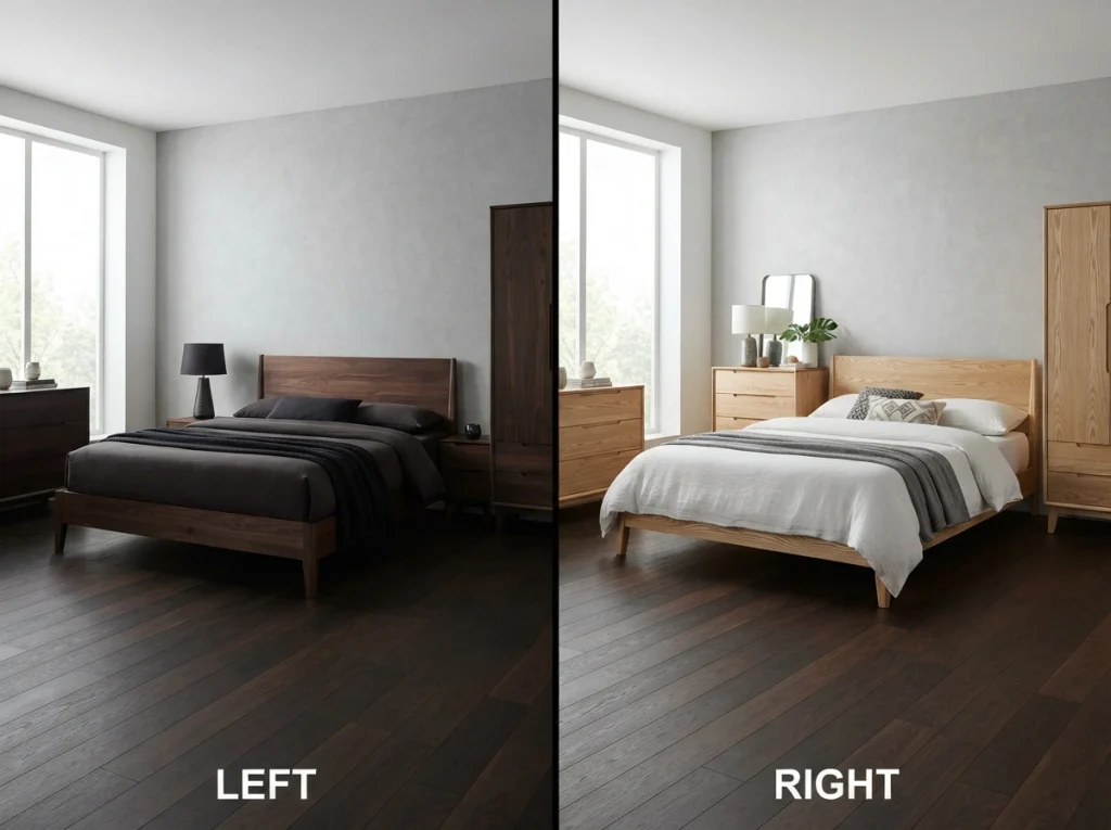 Comparison of overmatching bedroom furniture to floor colour versus choosing lighter contrasting wood tones for better visual definitionComparison of overmatching bedroom furniture to floor colour versus choosing lighter contrasting wood tones for better visual definition