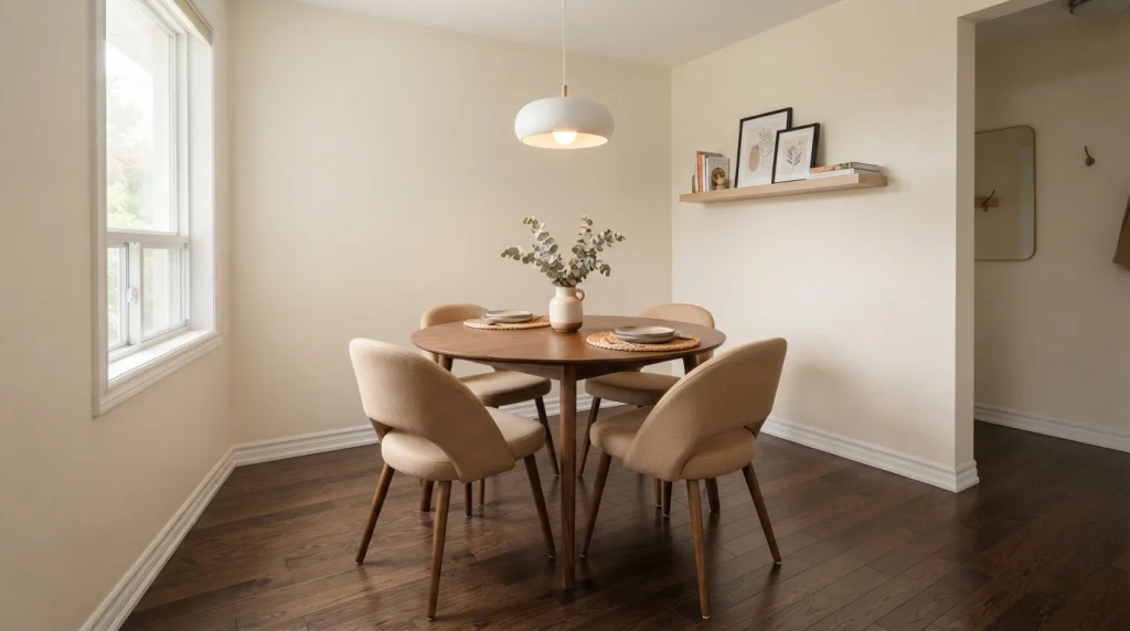 Round dining table on dark hardwood floor in a small square room with curved chairs and soft natural light