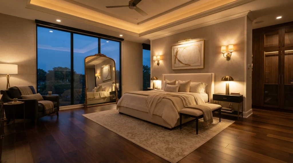 Warm layered lighting in a dark walnut floor bedroom with recessed ceiling lights bedside lamps and wall sconces
