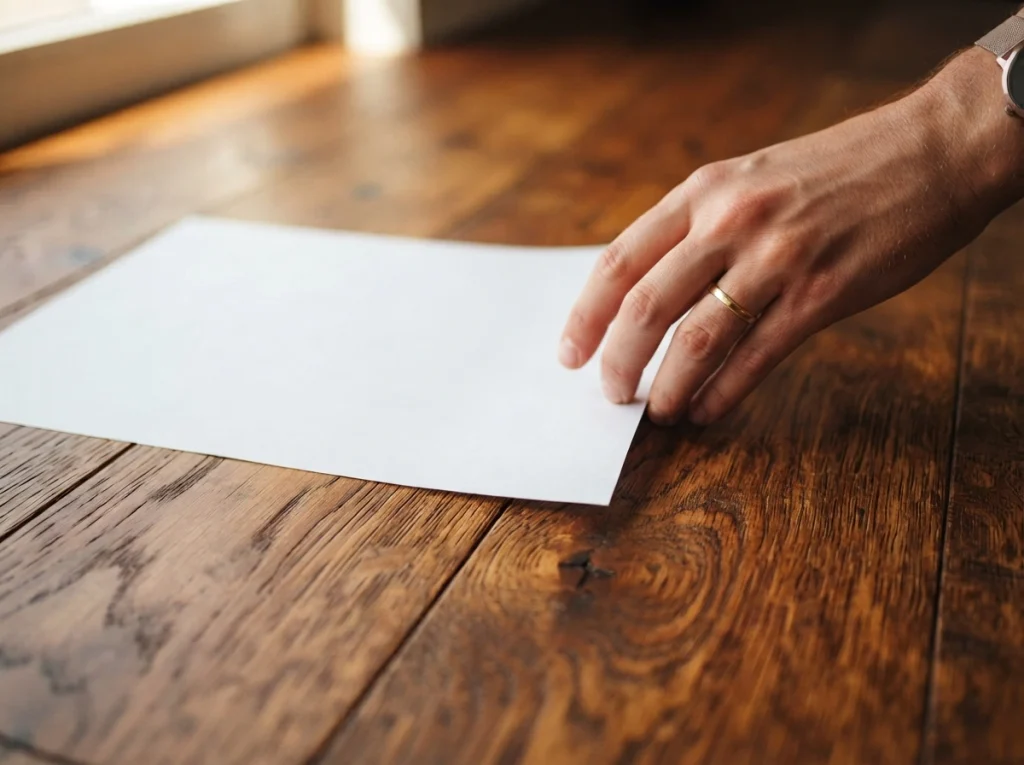 White paper placed on dark oak hardwood floor to test for warm natural undertones in daylight